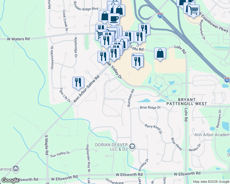 map of restaurants, bars, coffee shops, grocery stores, and more near 1998 Bancroft Drive in Ann Arbor