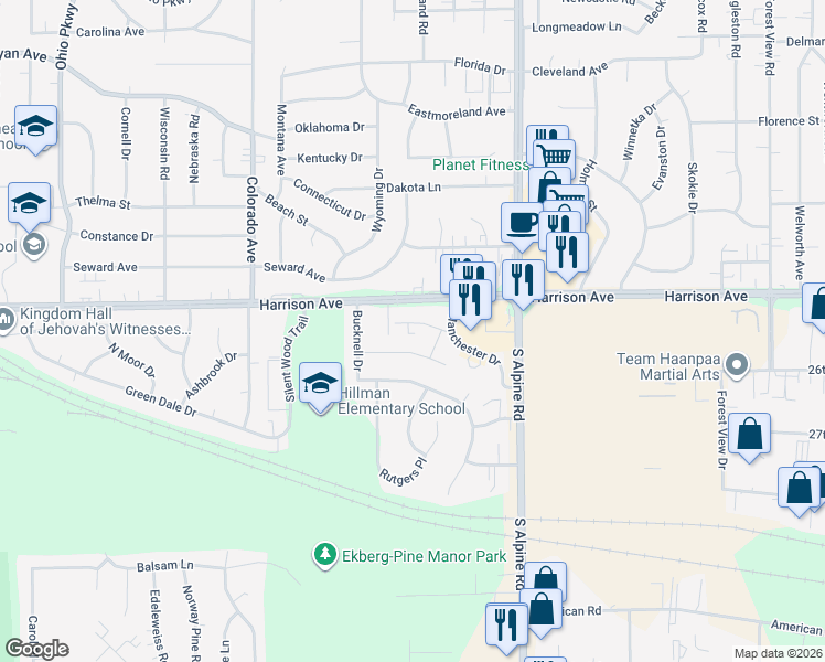 map of restaurants, bars, coffee shops, grocery stores, and more near 4219 Middlebury Avenue in Rockford