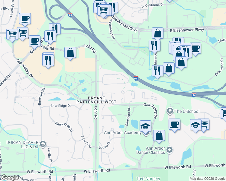 map of restaurants, bars, coffee shops, grocery stores, and more near 1412 Fox Pointe Circle in Ann Arbor