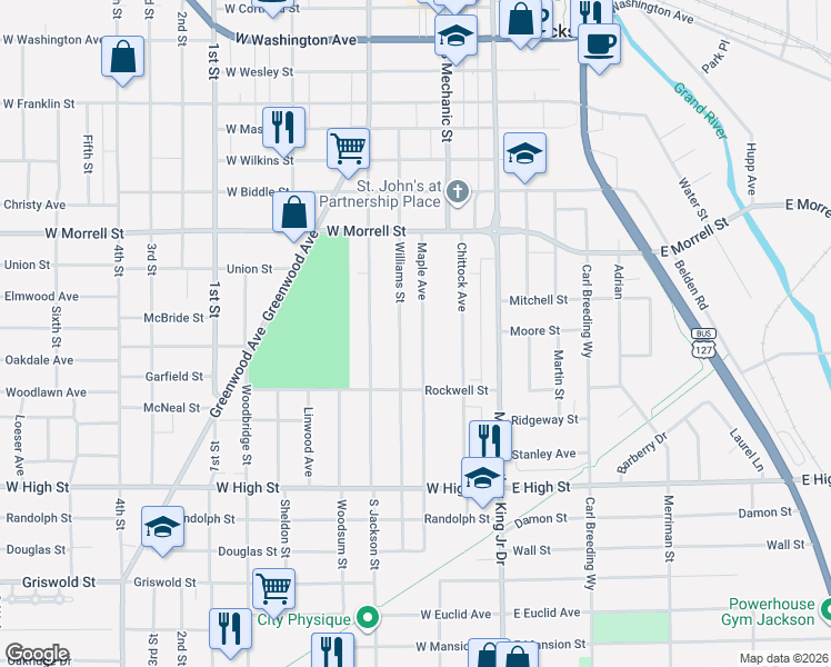 map of restaurants, bars, coffee shops, grocery stores, and more near 1023 Maple Avenue in Jackson