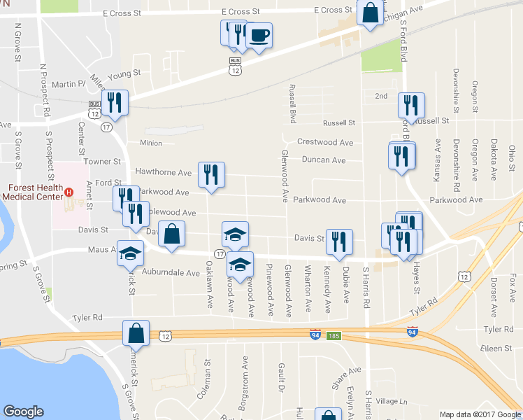 map of restaurants, bars, coffee shops, grocery stores, and more near 1127 Maplewood Avenue in Ypsilanti