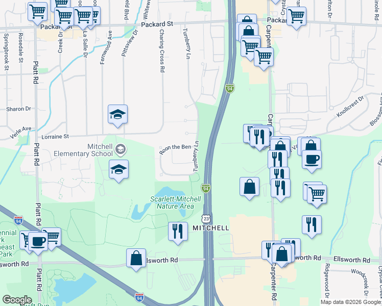 map of restaurants, bars, coffee shops, grocery stores, and more near 3241 Monument in Ann Arbor