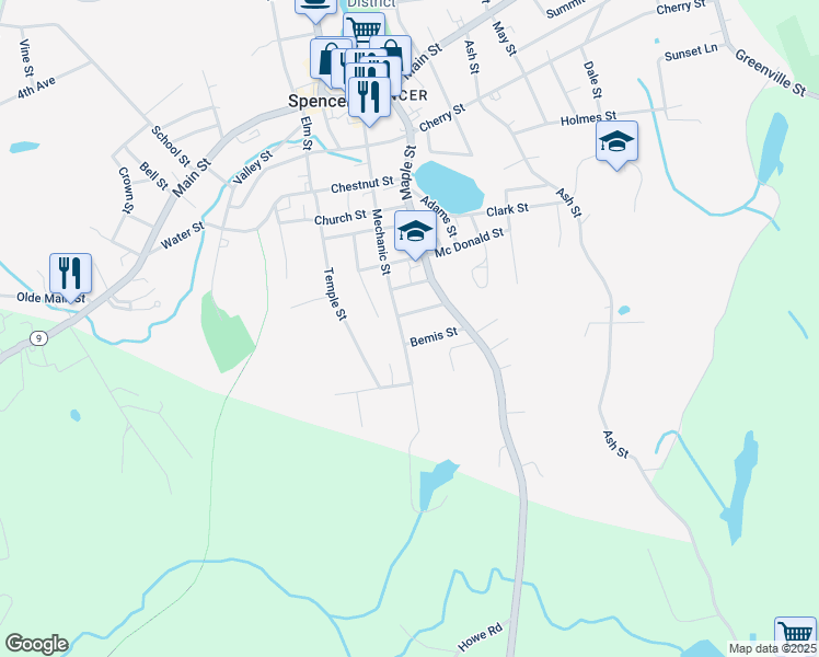 map of restaurants, bars, coffee shops, grocery stores, and more near 10 Bemis Street in Spencer