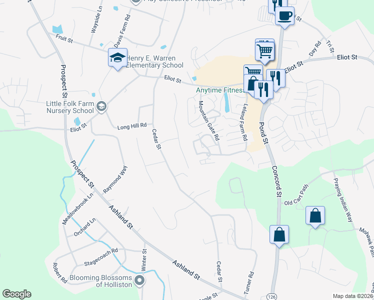 map of restaurants, bars, coffee shops, grocery stores, and more near 10 Running Brook Circle in Ashland
