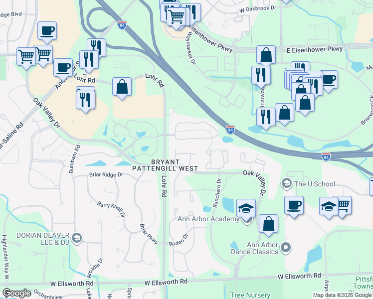 map of restaurants, bars, coffee shops, grocery stores, and more near 1410 Fox Pointe Circle in Ann Arbor