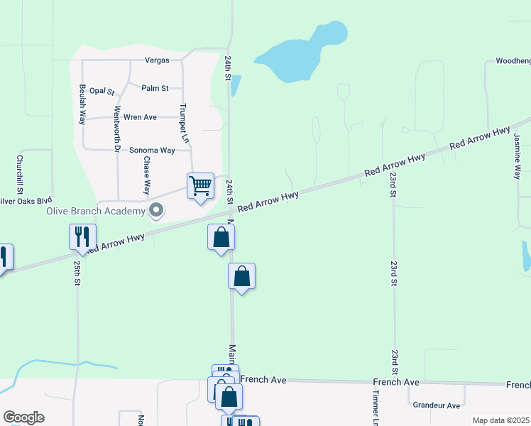 map of restaurants, bars, coffee shops, grocery stores, and more near 23825 Red Arrow Highway in Mattawan
