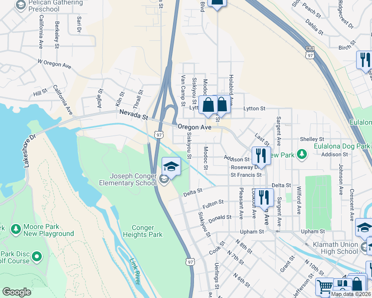 map of restaurants, bars, coffee shops, grocery stores, and more near 1817 Siskiyou Street in Klamath Falls