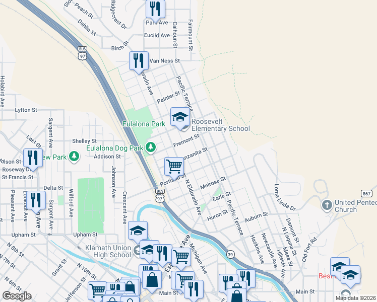 map of restaurants, bars, coffee shops, grocery stores, and more near 1935 Manzanita Street in Klamath Falls