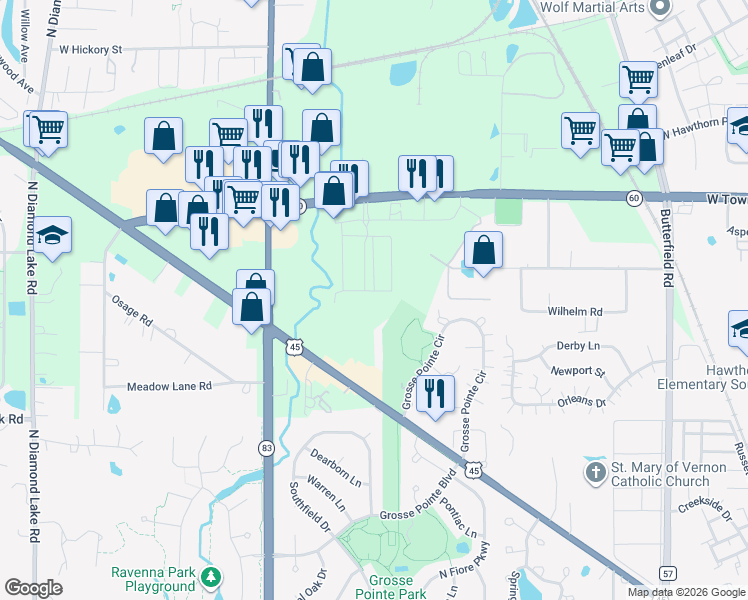 map of restaurants, bars, coffee shops, grocery stores, and more near 557 Yosemite Way in Mundelein