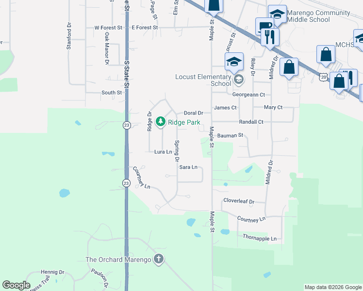map of restaurants, bars, coffee shops, grocery stores, and more near 701 Spring Drive in Marengo