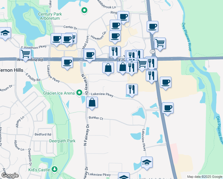 map of restaurants, bars, coffee shops, grocery stores, and more near 595 Lakeview Parkway in Vernon Hills