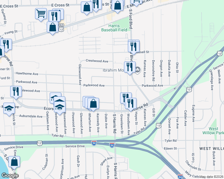 map of restaurants, bars, coffee shops, grocery stores, and more near 412 South Harris Road in Ypsilanti
