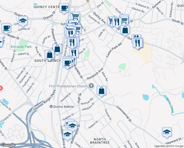 map of restaurants, bars, coffee shops, grocery stores, and more near 188 Kendrick Avenue in Quincy