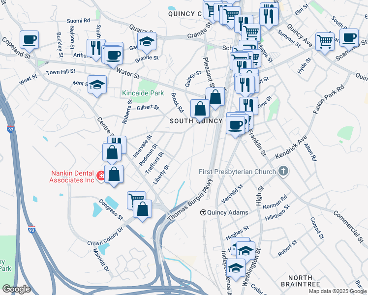 map of restaurants, bars, coffee shops, grocery stores, and more near 25 Columbia Street in Quincy
