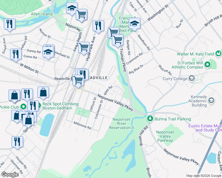 map of restaurants, bars, coffee shops, grocery stores, and more near 15 Riley Road in Boston
