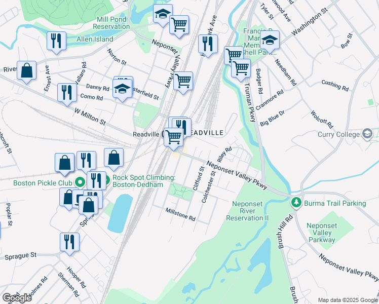 map of restaurants, bars, coffee shops, grocery stores, and more near 201 Neponset Valley Parkway in Boston