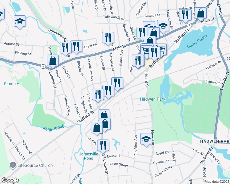 map of restaurants, bars, coffee shops, grocery stores, and more near 172 Eureka Street in Worcester