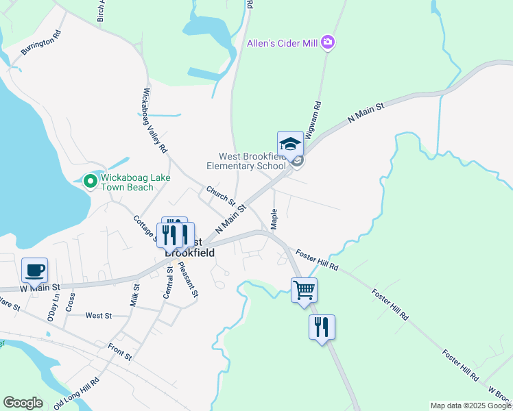 map of restaurants, bars, coffee shops, grocery stores, and more near 15 School Street in West Brookfield