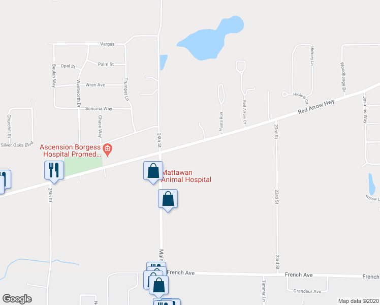 map of restaurants, bars, coffee shops, grocery stores, and more near 23825 Red Arrow Highway in Mattawan