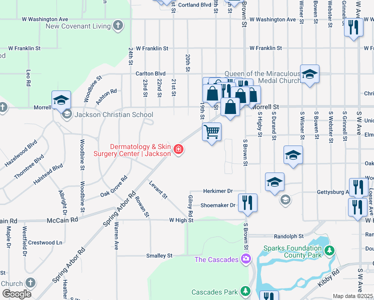 map of restaurants, bars, coffee shops, grocery stores, and more near 2055 Spring Arbor Road in Jackson