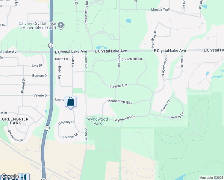 map of restaurants, bars, coffee shops, grocery stores, and more near 4111 Steeple Run in Crystal Lake