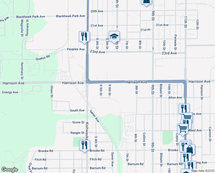map of restaurants, bars, coffee shops, grocery stores, and more near 2612 South 6th Street in Rockford
