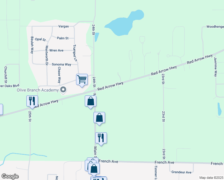 map of restaurants, bars, coffee shops, grocery stores, and more near 23753 Red Arrow Highway in Mattawan