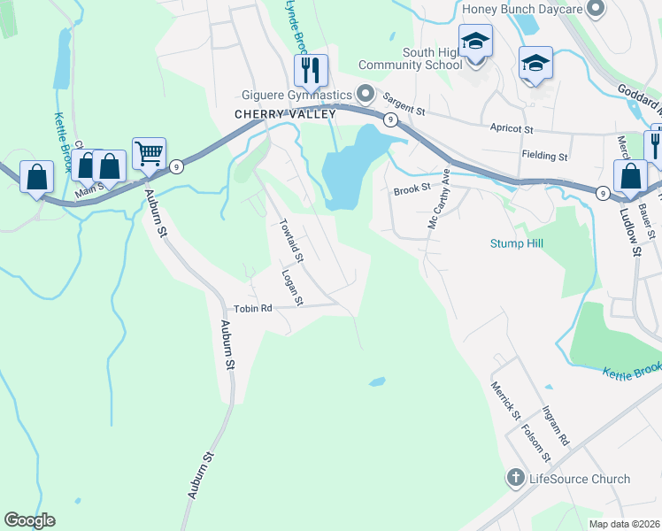 map of restaurants, bars, coffee shops, grocery stores, and more near 154 Boyd Street in Leicester