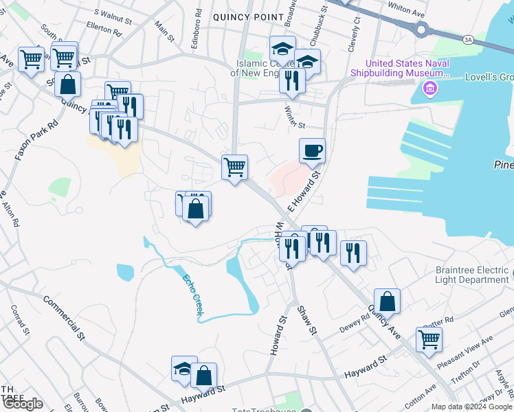 map of restaurants, bars, coffee shops, grocery stores, and more near 15 Bower Road in Quincy