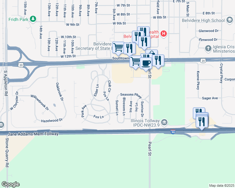 map of restaurants, bars, coffee shops, grocery stores, and more near 2061 Sunset Lane in Belvidere