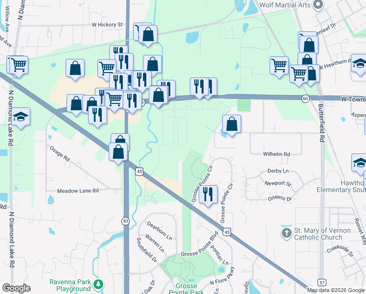 map of restaurants, bars, coffee shops, grocery stores, and more near 25635 N Hwy 45 in Mundelein