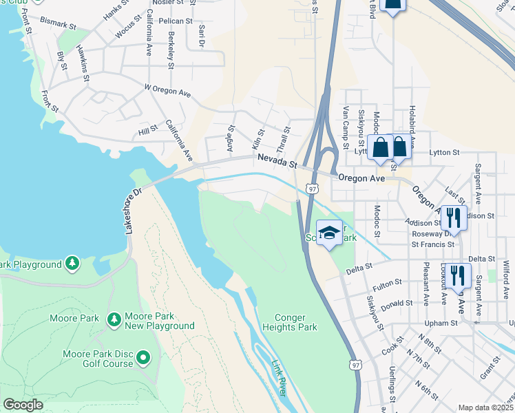 map of restaurants, bars, coffee shops, grocery stores, and more near 1801 Thrall Street in Klamath Falls