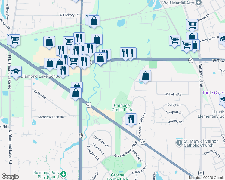 map of restaurants, bars, coffee shops, grocery stores, and more near 25635 N Hwy 45 in Mundelein