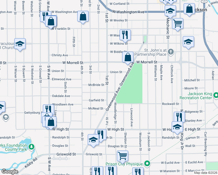 map of restaurants, bars, coffee shops, grocery stores, and more near 1040 Woodbridge Street in Jackson
