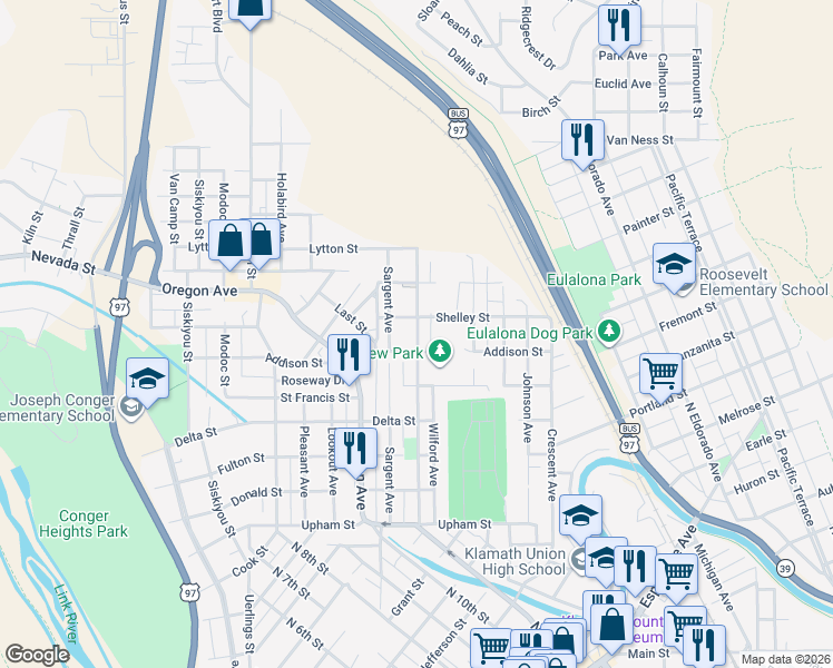 map of restaurants, bars, coffee shops, grocery stores, and more near 1801 Worden Avenue in Klamath Falls