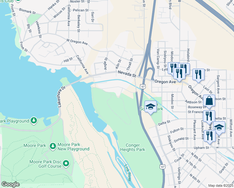 map of restaurants, bars, coffee shops, grocery stores, and more near 1801 Thrall Street in Klamath Falls
