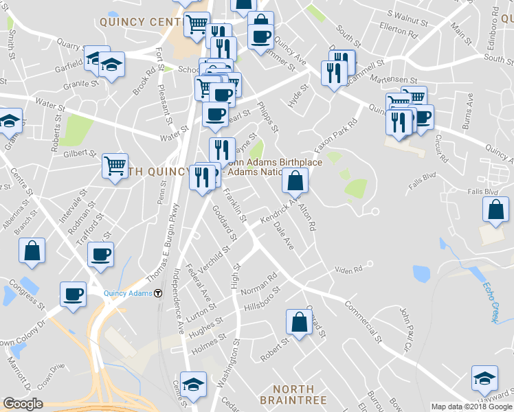 map of restaurants, bars, coffee shops, grocery stores, and more near 32 Richie Road in Quincy