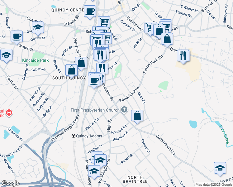 map of restaurants, bars, coffee shops, grocery stores, and more near 32 Richie Road in Quincy