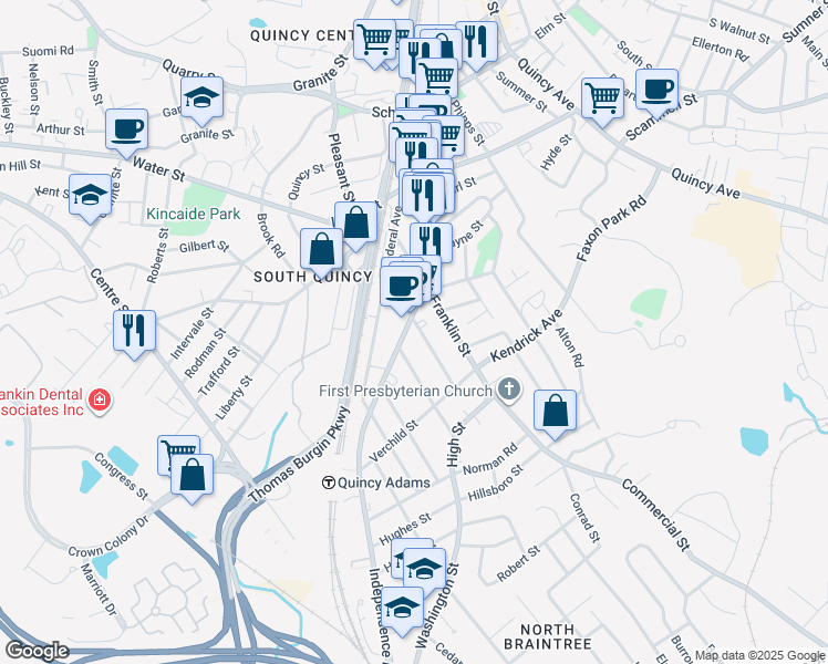 map of restaurants, bars, coffee shops, grocery stores, and more near 46 Independence Avenue in Quincy