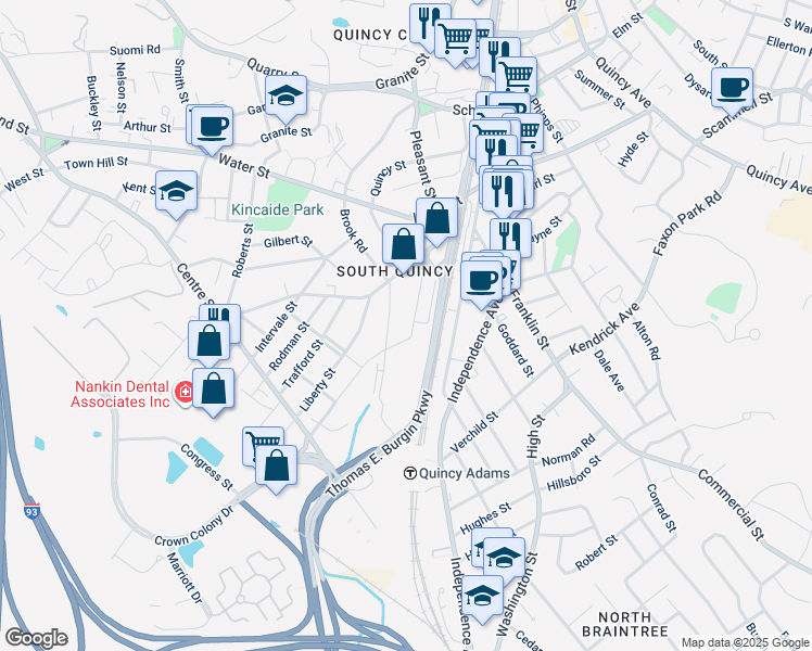 map of restaurants, bars, coffee shops, grocery stores, and more near 90 Penn Street in Quincy