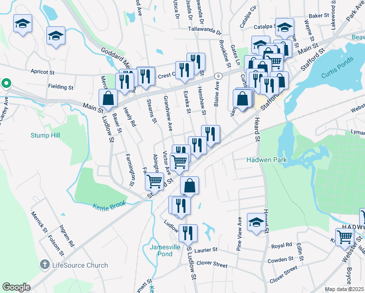 map of restaurants, bars, coffee shops, grocery stores, and more near 19 Lavallee Terrace in Worcester