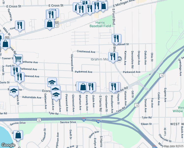 map of restaurants, bars, coffee shops, grocery stores, and more near 1330 Parkwood Avenue in Ypsilanti