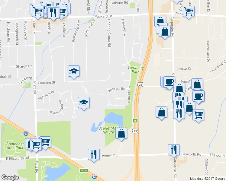 map of restaurants, bars, coffee shops, grocery stores, and more near 3251 Roon the Ben in Ann Arbor