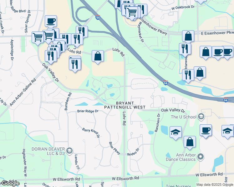 map of restaurants, bars, coffee shops, grocery stores, and more near 1533 Oakfield Drive in Ann Arbor