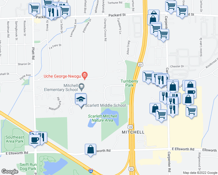 map of restaurants, bars, coffee shops, grocery stores, and more near 3251 Roon the Ben in Ann Arbor
