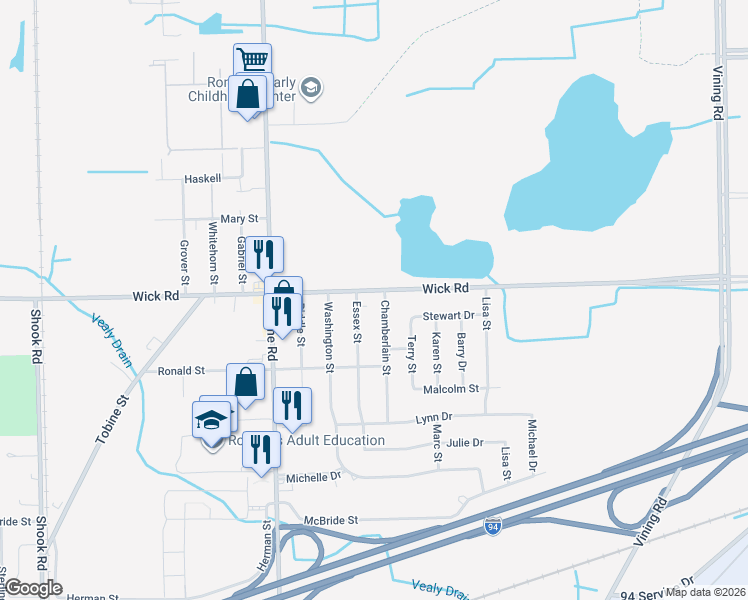 map of restaurants, bars, coffee shops, grocery stores, and more near 9243 Essex Street in Romulus