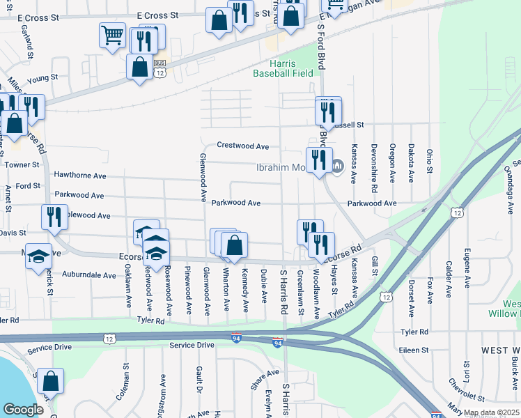map of restaurants, bars, coffee shops, grocery stores, and more near 1330 Parkwood Avenue in Ypsilanti
