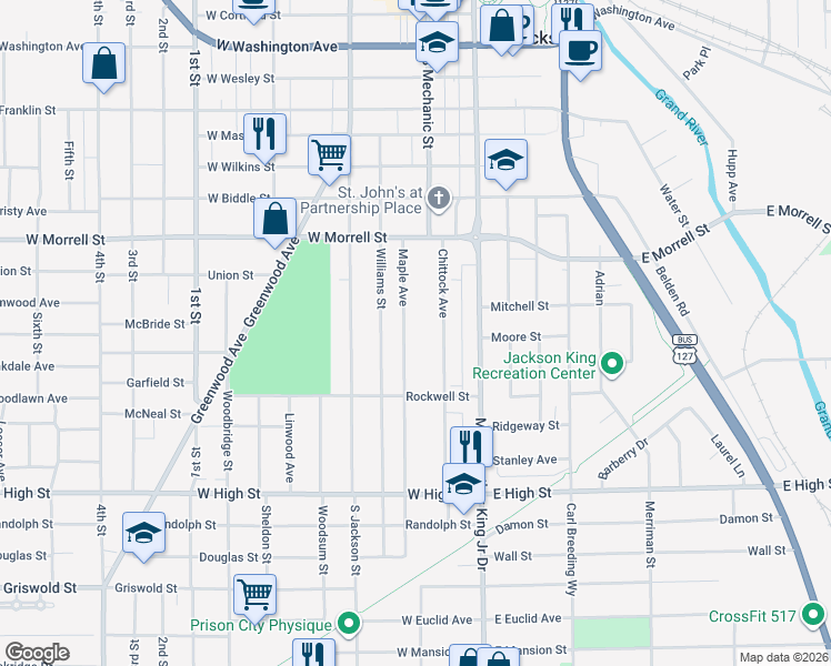 map of restaurants, bars, coffee shops, grocery stores, and more near 1023 Maple Avenue in Jackson