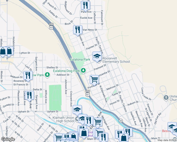 map of restaurants, bars, coffee shops, grocery stores, and more near 1861 Fremont Street in Klamath Falls