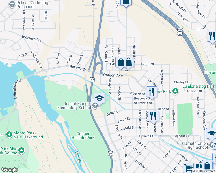 map of restaurants, bars, coffee shops, grocery stores, and more near 1817 Siskiyou Street in Klamath Falls